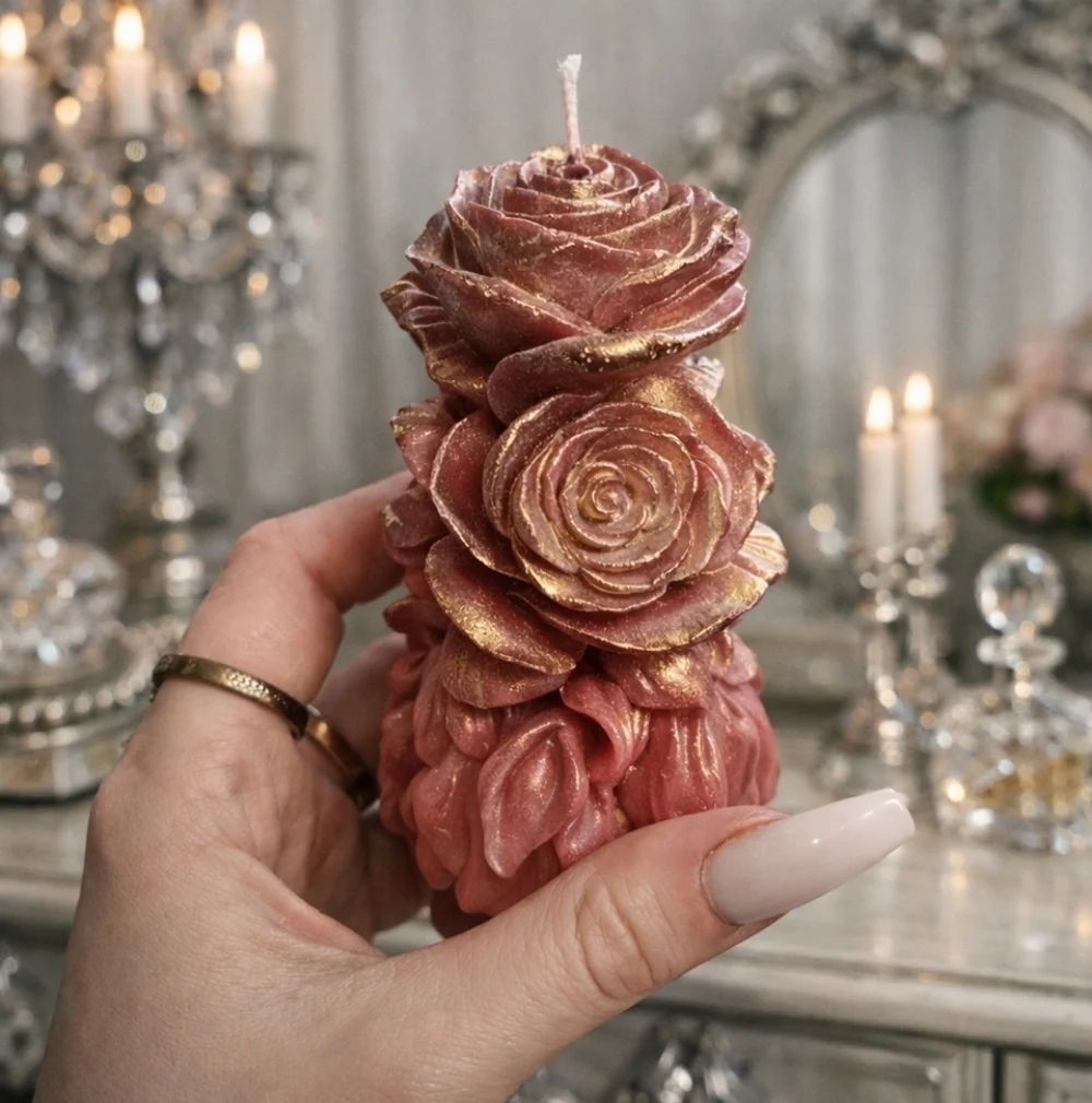 Handmade Gold-Dusted Rose Pillar Candle | Sculpted Floral Beeswax Candle